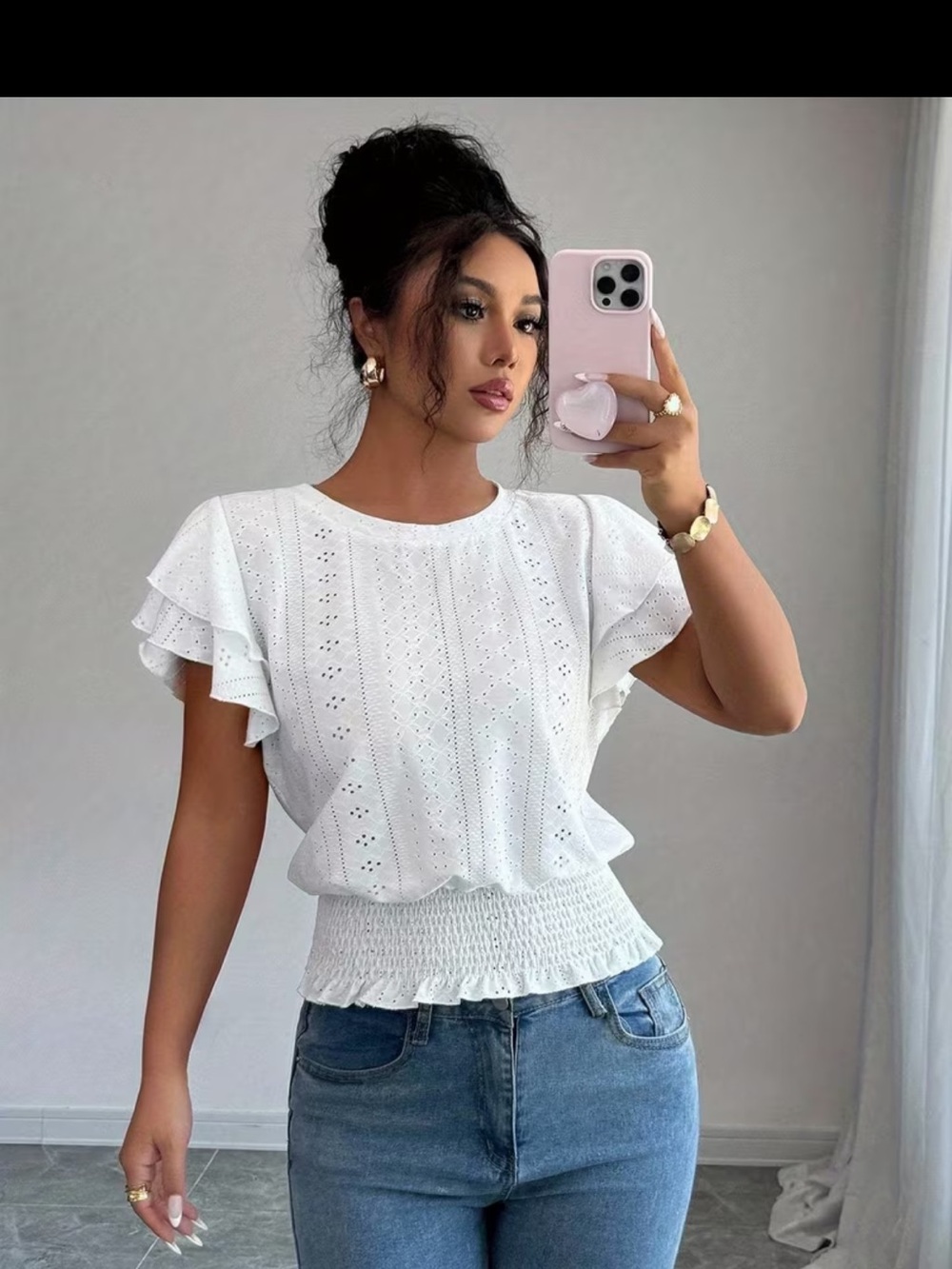 White Eyelet Ruffle Sleeve Smocked Waist Top